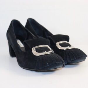 Charles David Black Suede Fringe Block Heels with Silver Buckle